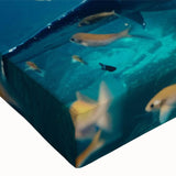 Close-up of a stretched canvas wall art piece featuring a vibrant marine life design with a majestic whale, showcasing intricate details and rich colors, perfect for ocean-themed decor.