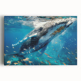 Whale-themed wall art on stretched canvas showcasing vibrant marine life colors and intricate details, perfect for ocean lovers' home decor.