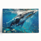 Stretched canvas wall art featuring a vibrant marine life design with a majestic whale, showcasing intricate details and rich colors, perfect for ocean-themed decor.