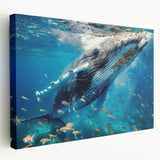 Side view of a stretched canvas wall art featuring a beautifully detailed design of a whale, showcasing vibrant blues and whites, perfect for marine life enthusiasts.
