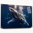 Side view of a marine life-themed wall art collection featuring an acrylic glass design of a whale, mounted with stylish pins, showcasing vibrant colors and intricate details, perfect for ocean lovers.