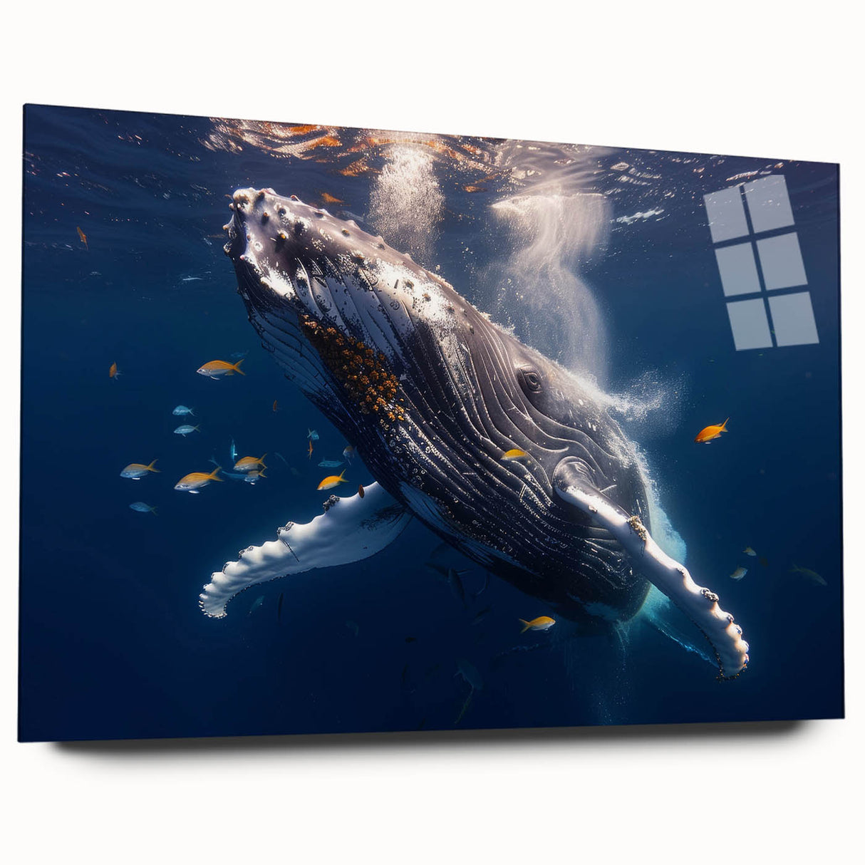 Vibrant acrylic glass wall art showcasing a detailed whale design, presented in a side view. Ideal for marine life enthusiasts, this piece adds a touch of ocean-inspired decor to any space.