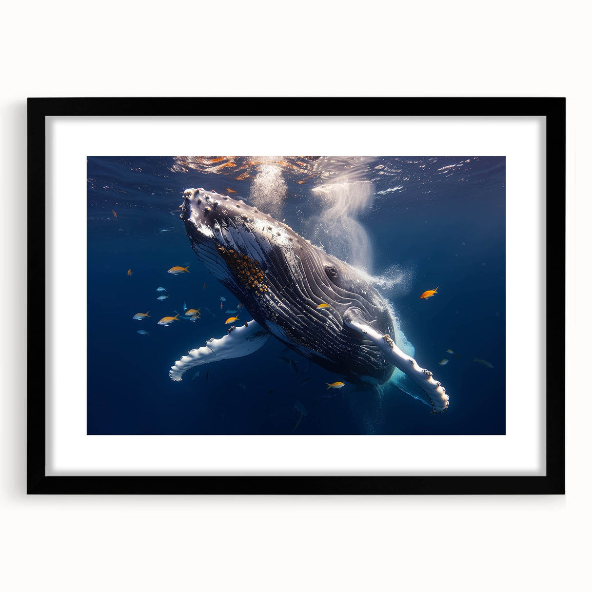 Whale-themed wall art framed in black, showcasing intricate marine life design with a mat. Ideal for ocean lovers, adding elegance to home decor.