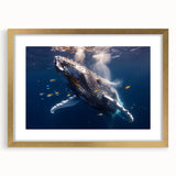 Elegant gold-framed wall art featuring a stunning marine life whale design, showcasing intricate details and vibrant colors, perfect for ocean-themed decor.