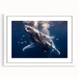 Framed marine life wall art featuring a beautifully designed whale, showcased in a white mat and frame, perfect for ocean-themed decor enthusiasts.