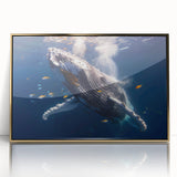 Framed acrylic wall art featuring a stunning marine life design of a whale, accented with gold, perfect for ocean-themed decor in living spaces.