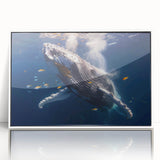 Framed wall art featuring a stunning whale design in vibrant blue hues, set against a crisp white background, perfect for marine life enthusiasts. Ideal for enhancing modern home decor.