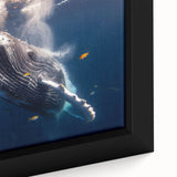 Close-up of a framed canvas wall art piece featuring a detailed marine life design of a majestic whale, showcasing vibrant blues and intricate textures, ideal for ocean-themed decor.