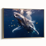 Framed canvas wall art featuring a beautifully designed whale in a marine-life theme, showcasing intricate details and vibrant colors, perfect for ocean-themed decor.
