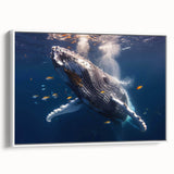 Framed canvas wall art featuring a serene marine life design with a majestic whale in a white frame, ideal for coastal-themed decor. Perfect for ocean lovers.