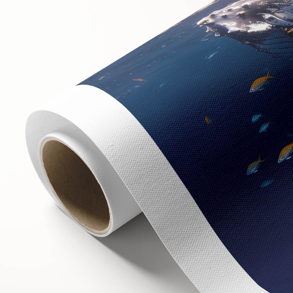 Whale-themed rolled canvas wall art showcasing vibrant marine life colors, perfect for ocean decor enthusiasts, elegantly displayed in a protective cardboard tube.