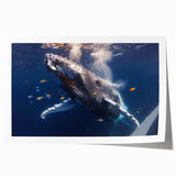 Whale-themed wall art print showcasing intricate marine life design, featuring vibrant blues and serene ocean tones, perfect for coastal decor enthusiasts.
