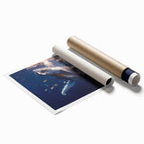 Vibrant wall art print showcasing a detailed marine life design featuring a majestic whale, perfect for ocean-themed decor, rolled and ready for framing.
