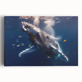Stretched canvas wall art depicting a majestic blue whale swimming in a vibrant ocean scene, ideal for marine life enthusiasts and home decor. Bold colors and intricate details enhance the underwater theme, perfect for nature-inspired interiors.