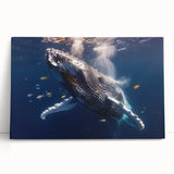 Stretched canvas wall art depicting a serene blue whale design, showcasing intricate details and vibrant colors, perfect for marine life enthusiasts and coastal decor.