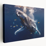 Stretched canvas wall art featuring a side view of a majestic whale swimming through vibrant marine life, showcasing stunning colors and intricate details, perfect for ocean-themed decor.