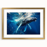 Gold-framed wall art featuring a stunning whale design in vibrant colors, showcasing marine life details, ideal for ocean-themed decor and nature enthusiasts.