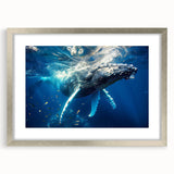 Framed wall art showcasing a stunning silver mat design featuring a marine life whale motif, ideal for ocean-themed decor, adding elegance to any room.
