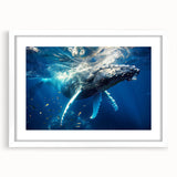 Framed wall art showcasing a stunning marine life design featuring a majestic whale, presented with a white mat and sleek frame, ideal for ocean-themed decor.