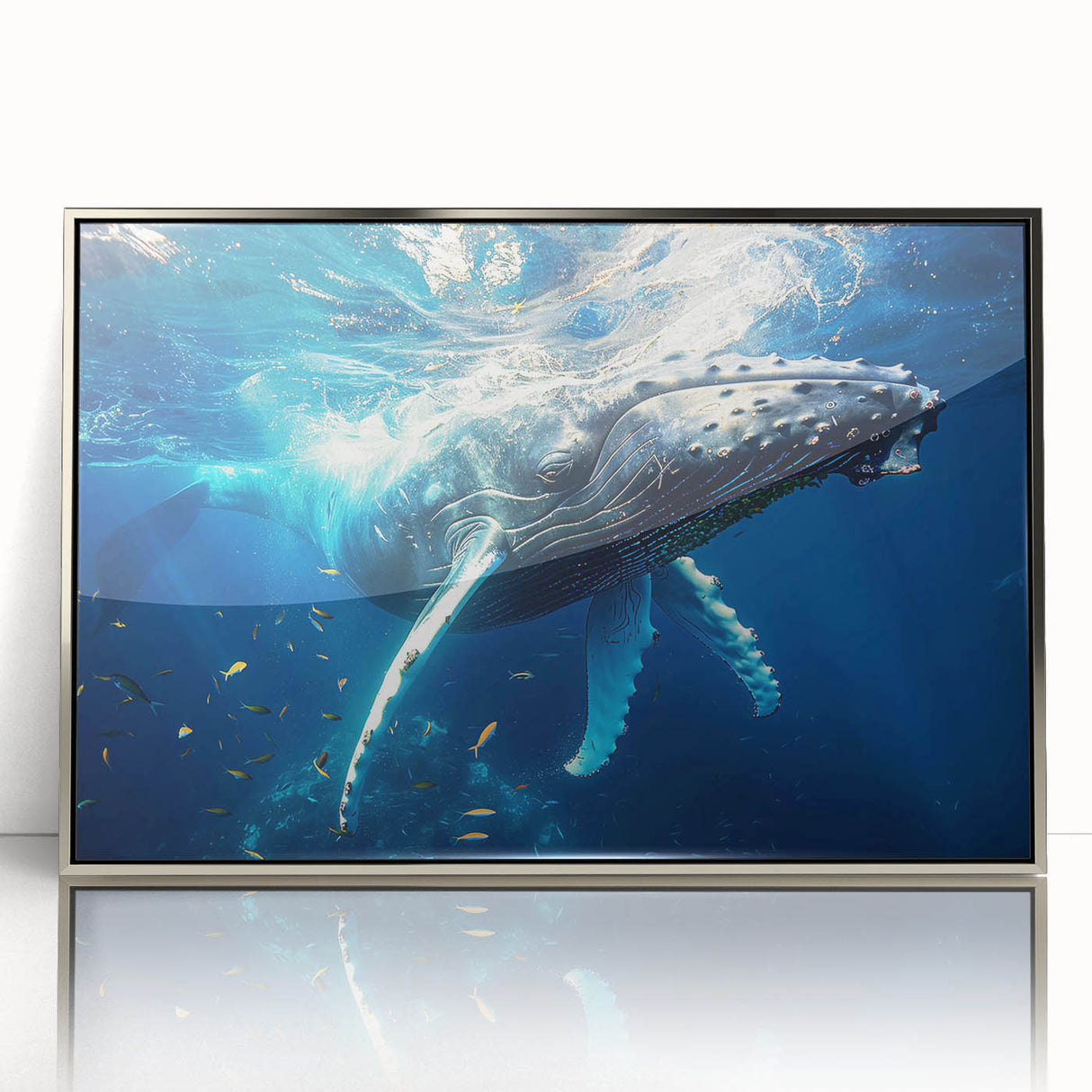Framed acrylic wall art depicting a majestic whale in a marine life design, featuring a sleek silver frame, ideal for ocean-themed decor.