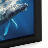 Close-up of a framed canvas wall art featuring a vibrant marine life design, showcasing a majestic whale in rich blue hues, perfect for ocean-themed decor.