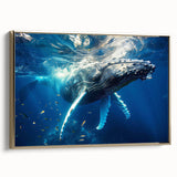 Framed wall art featuring a stunning side view of a marine life whale design, showcasing intricate detailing and a gold frame, perfect for ocean-themed decor.