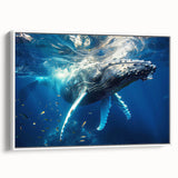 Framed wall art featuring a stunning marine life design of a whale, showcased against a white background, perfect for ocean-themed home decor.