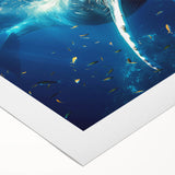 Rolled canvas art depicting a vibrant marine life scene featuring a majestic whale swimming amidst colorful coral reefs, showcasing intricate details and textures.