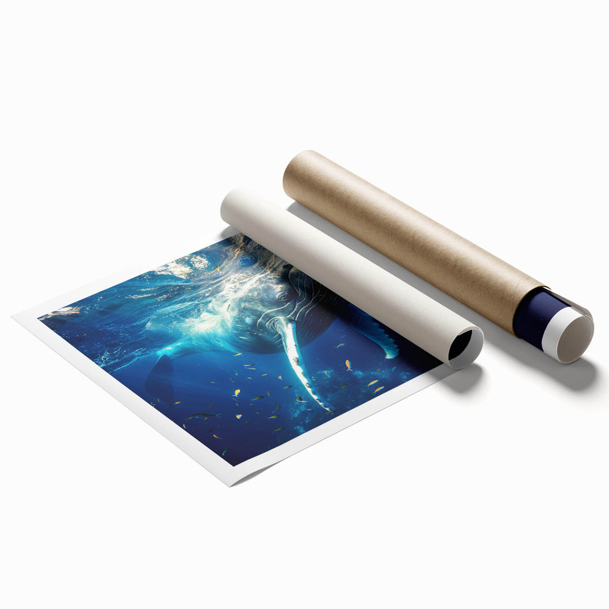 Whale-themed wall art print showcasing vibrant marine life design, featuring intricate details and rich colors, rolled and ready for display or framing.