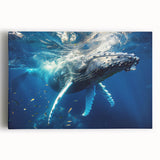 Stretched canvas wall art depicting a detailed whale design, showcasing vibrant blues and grays, perfect for marine life enthusiasts or ocean-themed decor.