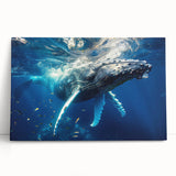 Stretched canvas wall art depicting a majestic blue whale swimming through vibrant ocean waves, showcasing intricate marine life details in shades of blue and green. This eco-friendly design adds a touch of tranquility and nature to any space.