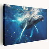 Stretched canvas wall art showcasing a vibrant marine life design featuring a majestic whale swimming amidst colorful ocean elements, perfect for ocean-themed decor.