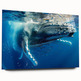 Side view of a stunning acrylic glass wall art piece featuring a marine life design with a whale, showcasing vibrant colors and intricate details, perfect for ocean-themed decor.