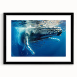 Black-framed wall art featuring a stunning marine life design of a whale, showcasing intricate details and vibrant colors, perfect for ocean-themed decor.
