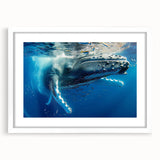 Framed marine life wall art featuring a majestic whale design, presented in a white mat and frame, perfect for ocean-themed decor and nature lovers.