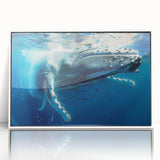Framed wall art featuring a realistic whale design, showcasing intricate details and vibrant colors against a white background, perfect for marine life enthusiasts.