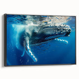 Framed canvas wall art showcasing a stylized whale design in vibrant marine colors, featuring a sleek black frame, perfect for ocean-themed home decor.