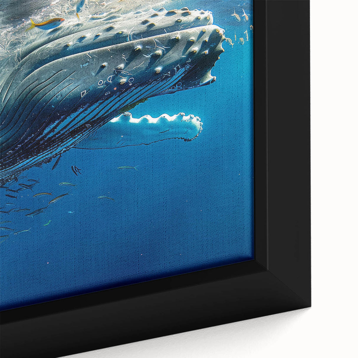 Close-up of a framed canvas wall art depicting a vibrant marine life design featuring a majestic whale surrounded by colorful ocean elements, perfect for ocean-themed decor.
