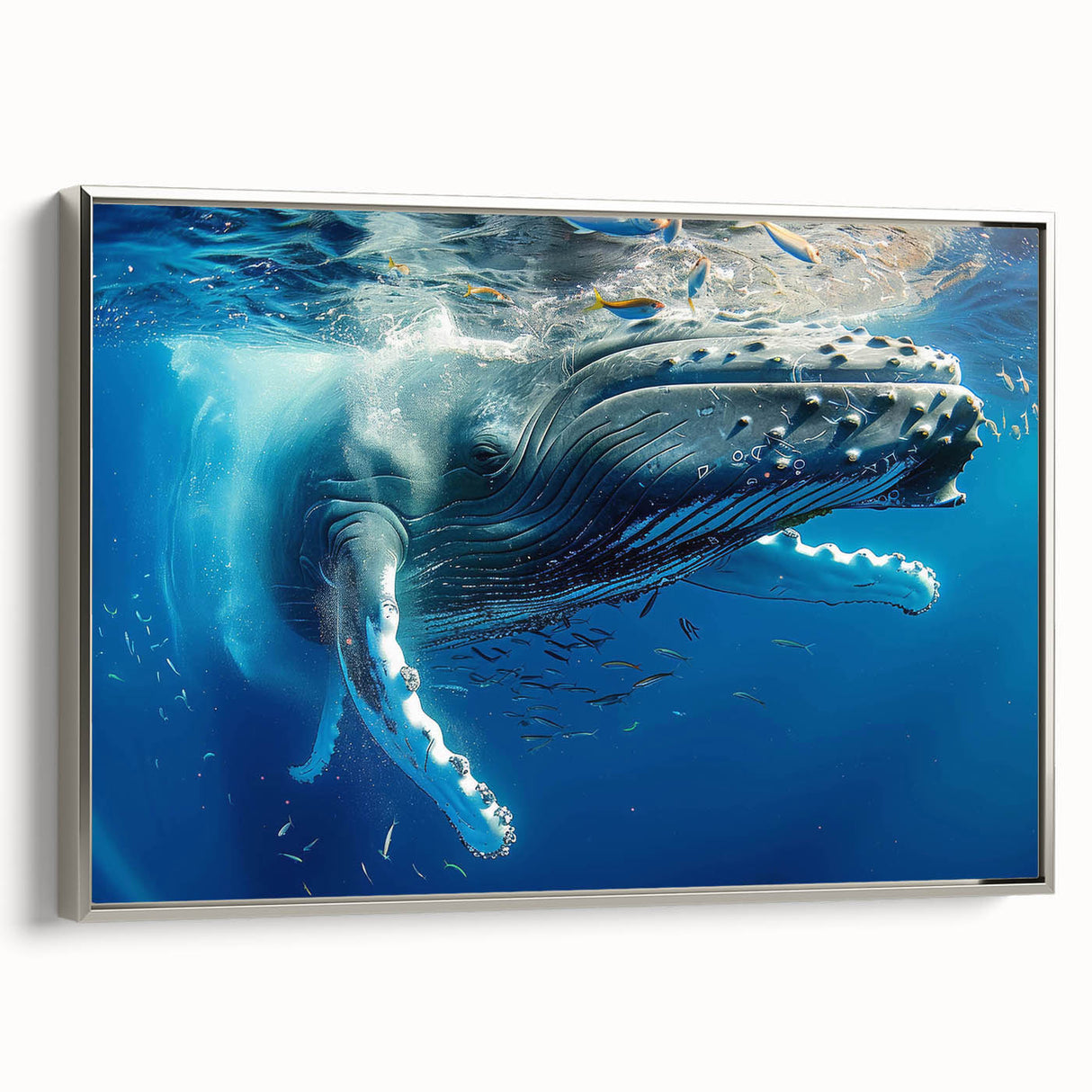 Framed canvas wall art depicting a sleek silver whale design, showcasing intricate marine life details against a minimalist backdrop, perfect for ocean-themed decor.