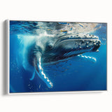 Framed canvas wall art featuring a detailed whale design, showcasing vibrant blue and white colors, perfect for marine life enthusiasts and contemporary decor.