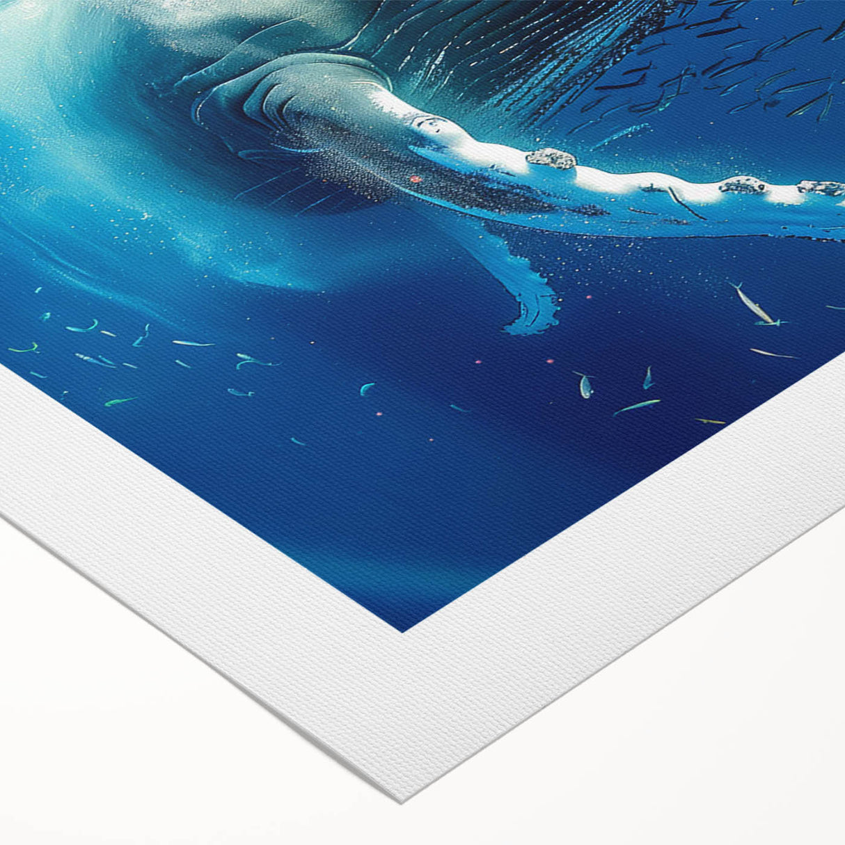 Rolled canvas wall art showcasing a vibrant marine life design featuring a majestic whale, perfect for enhancing ocean-themed decor with its colorful details and artistic flair.