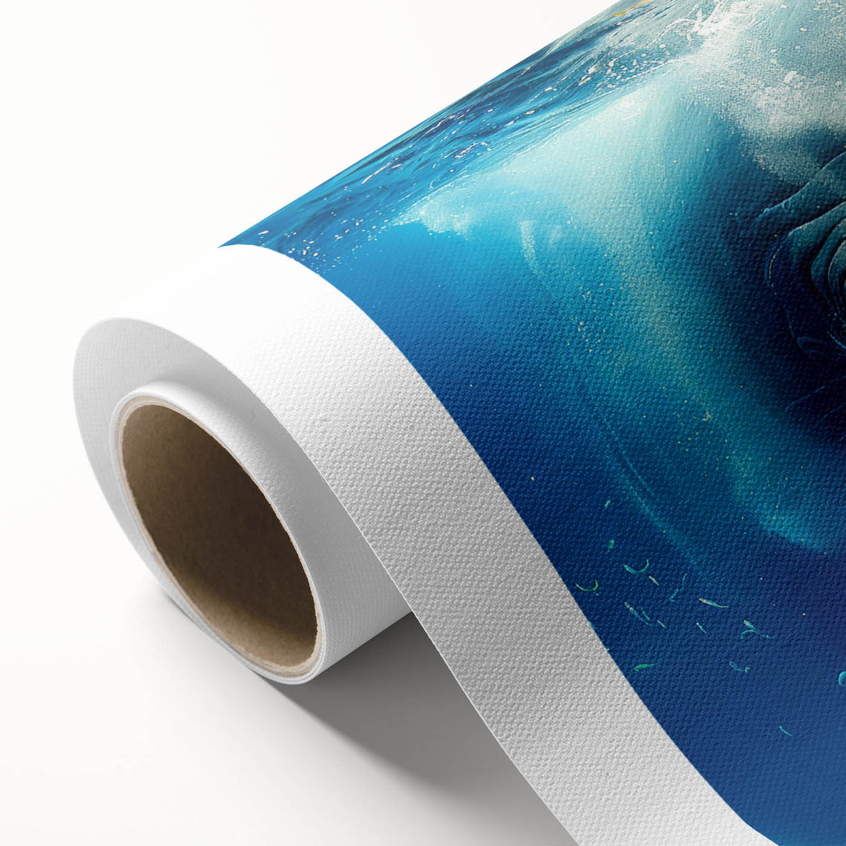 Colorful whale design wall art on rolled canvas, showcasing vibrant marine life details, ideal for ocean-themed decor, presented in a protective cardboard tube.