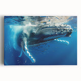 Stretched canvas wall art featuring a beautifully detailed blue whale design, showcasing vibrant colors and intricate marine life elements against a serene ocean backdrop. Ideal for ocean-themed decor or marine biology enthusiasts.