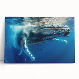 Vibrant stretched canvas wall art featuring a majestic blue whale design, showcasing intricate marine life details and rich colors, perfect for ocean-themed decor.
