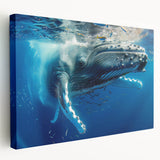 Stretched canvas wall art featuring a striking design of a majestic whale in an ocean setting, showcasing vibrant blue hues and intricate details, perfect for marine life enthusiasts.