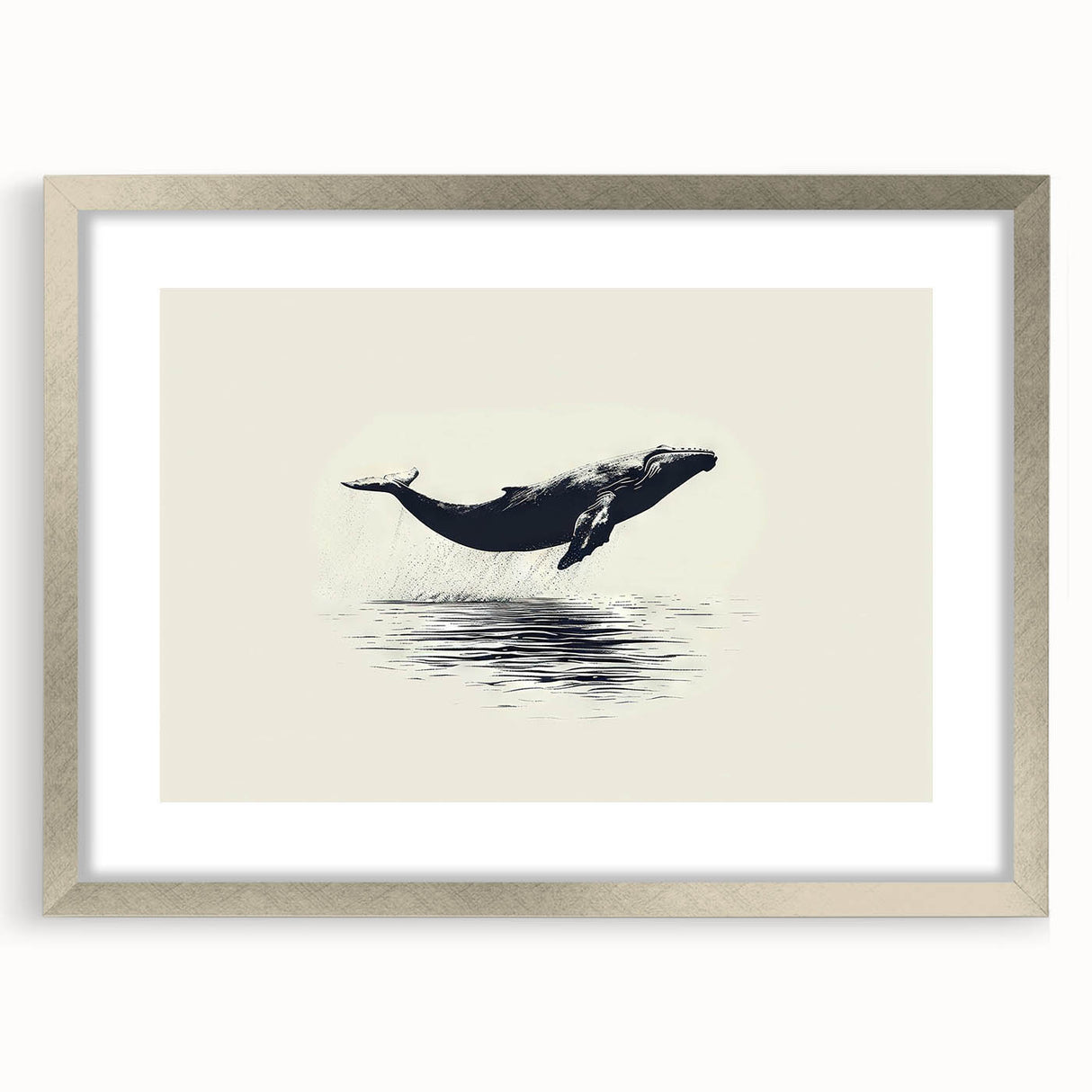 Framed wall art showcasing a stunning marine life whale design, featuring a silver frame and mat, ideal for ocean-themed decor and nature enthusiasts.