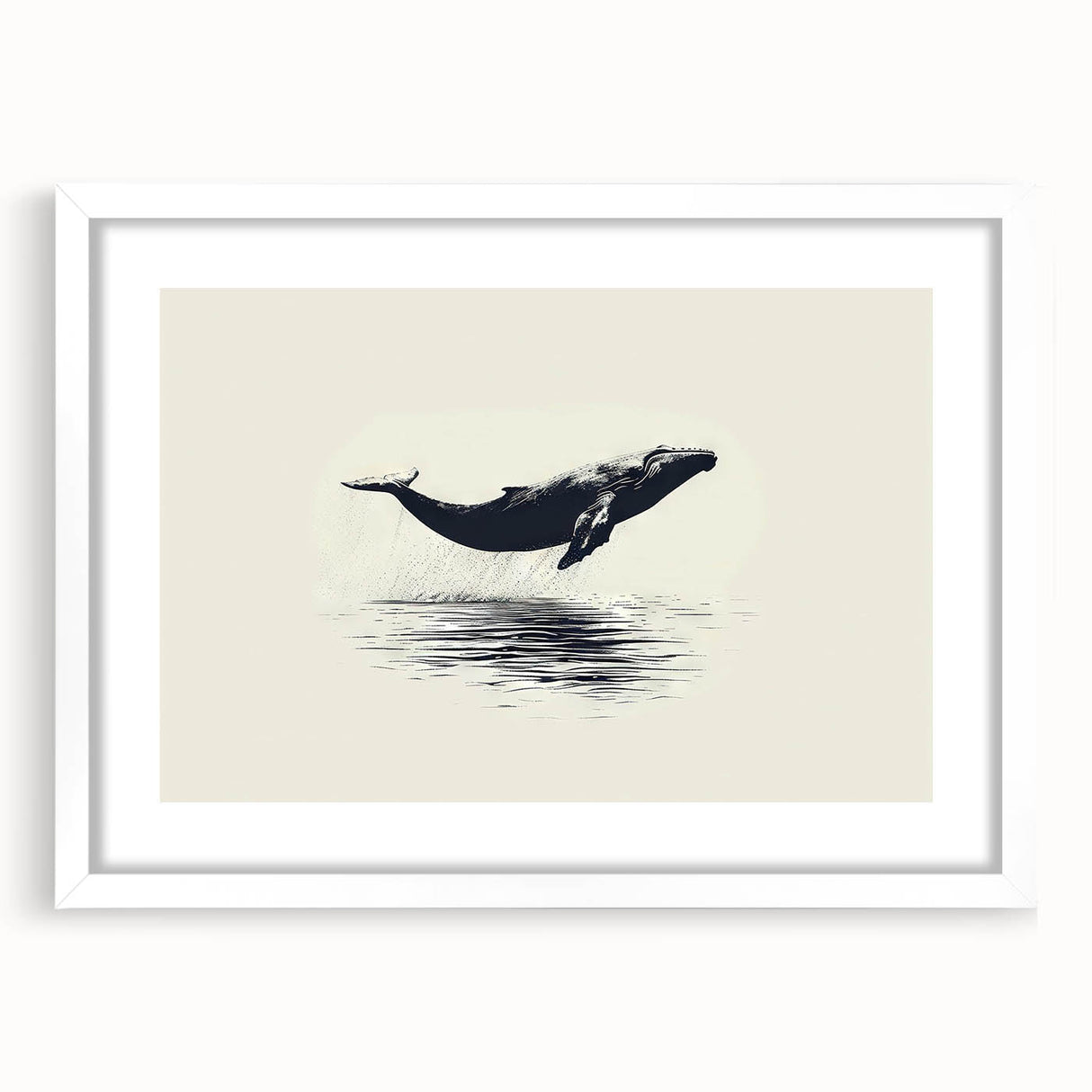 Framed wall art featuring a serene whale design in shades of blue and white, displayed with a mat in a sleek white frame, perfect for marine life enthusiasts.