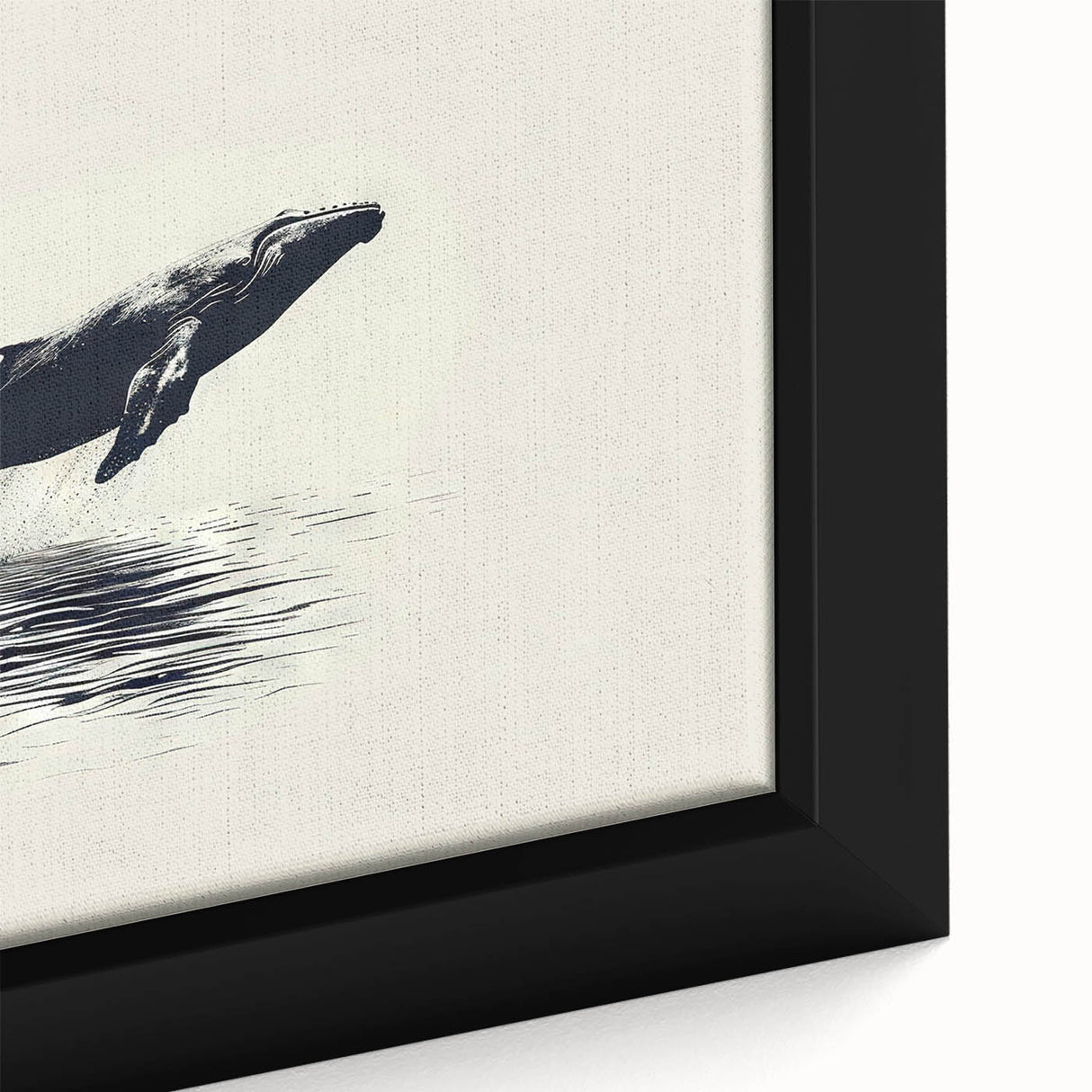 Close-up of a framed canvas wall art piece depicting a majestic blue whale swimming through vibrant ocean waves, showcasing intricate marine life details and rich colors, perfect for ocean-themed decor.