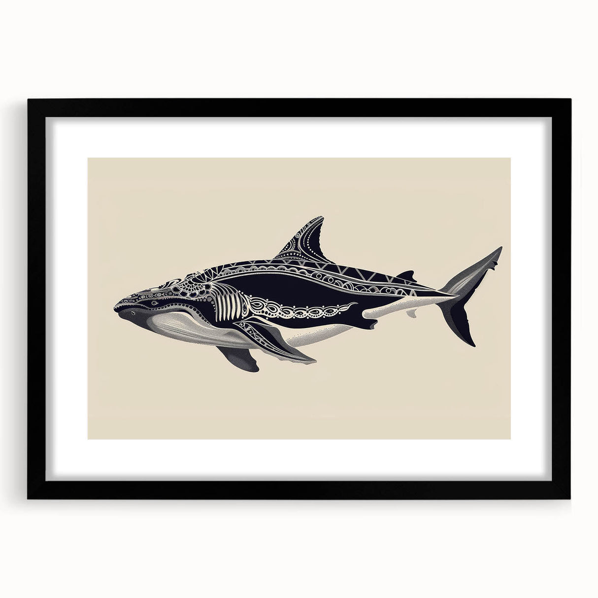Whale-themed wall art collection framed in black with a mat, showcasing intricate marine life design in a stylish setting, perfect for ocean lovers.