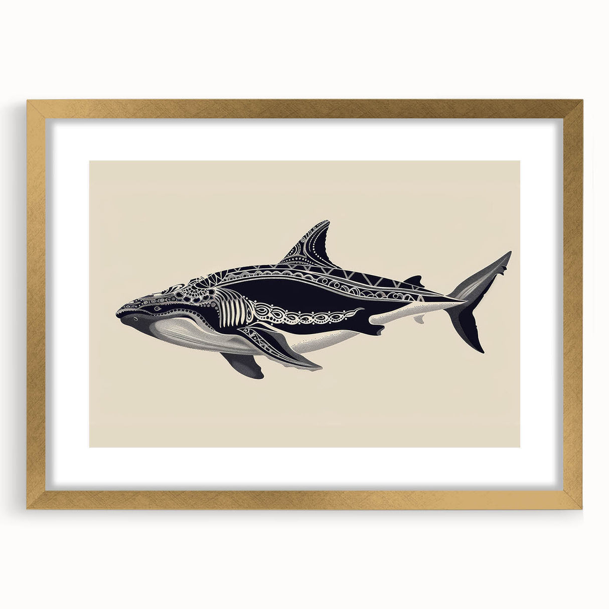 Framed wall art featuring a stunning whale design in a marine life theme, highlighted by a gold frame and mat, ideal for ocean-inspired decor.